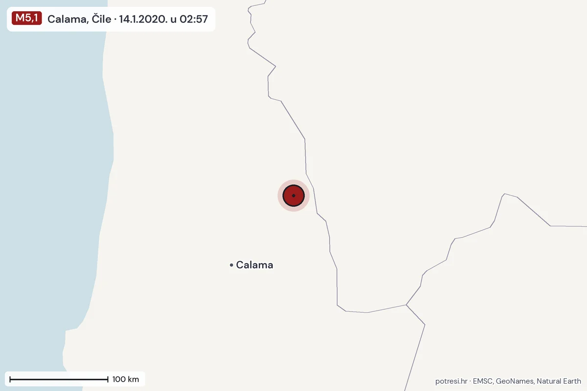 Karta: šire područje, 600 km, potres M5,1, Calama, Čile, 14.1.2020.