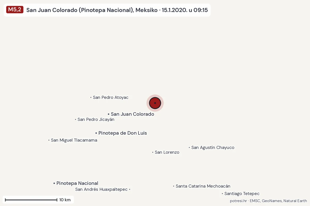 Karta: okolica epicentra, 60 km, potres M5,2, San Juan Colorado (Pinotepa Nacional), Meksiko, 15.1.2020.