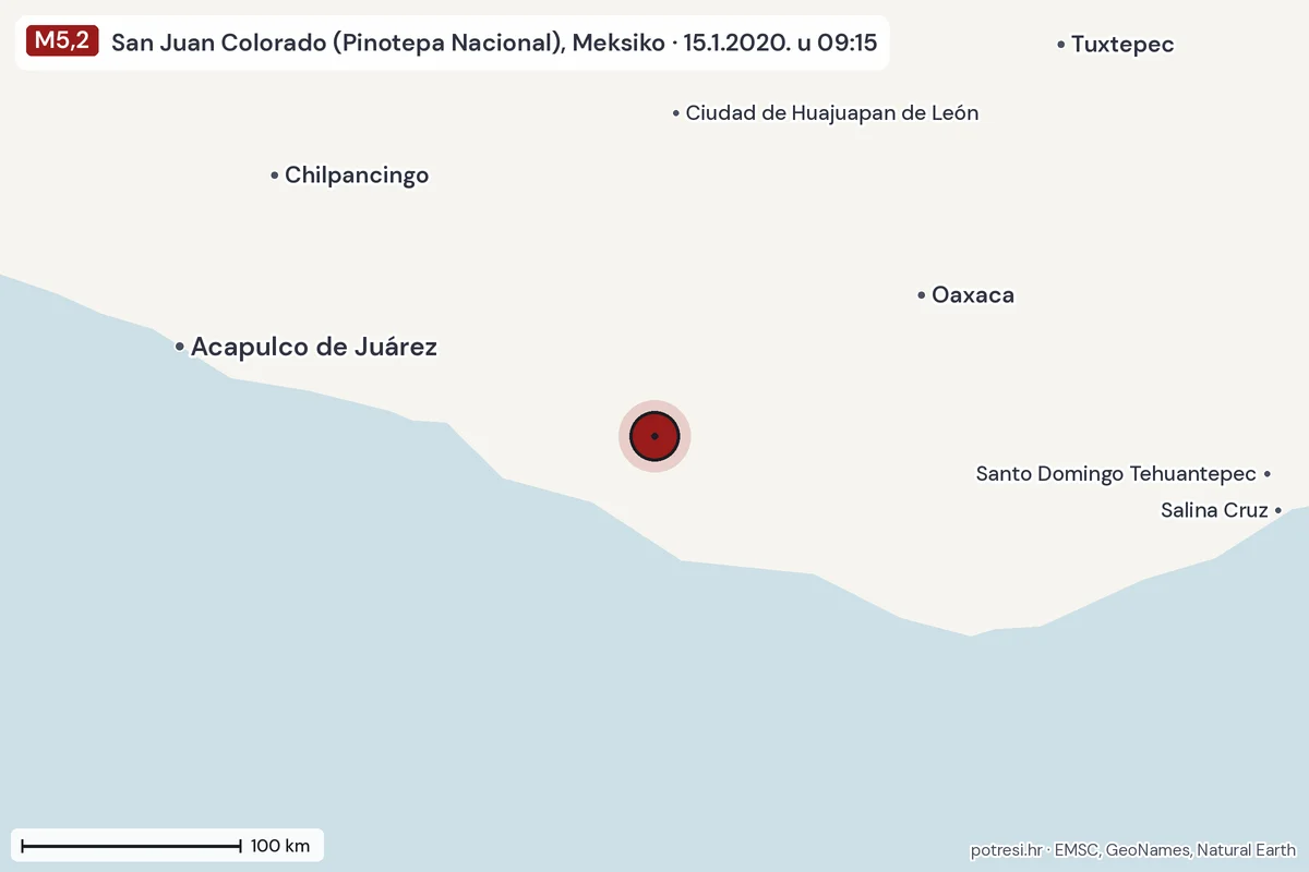 Karta: šire područje, 600 km, potres M5,2, San Juan Colorado (Pinotepa Nacional), Meksiko, 15.1.2020.