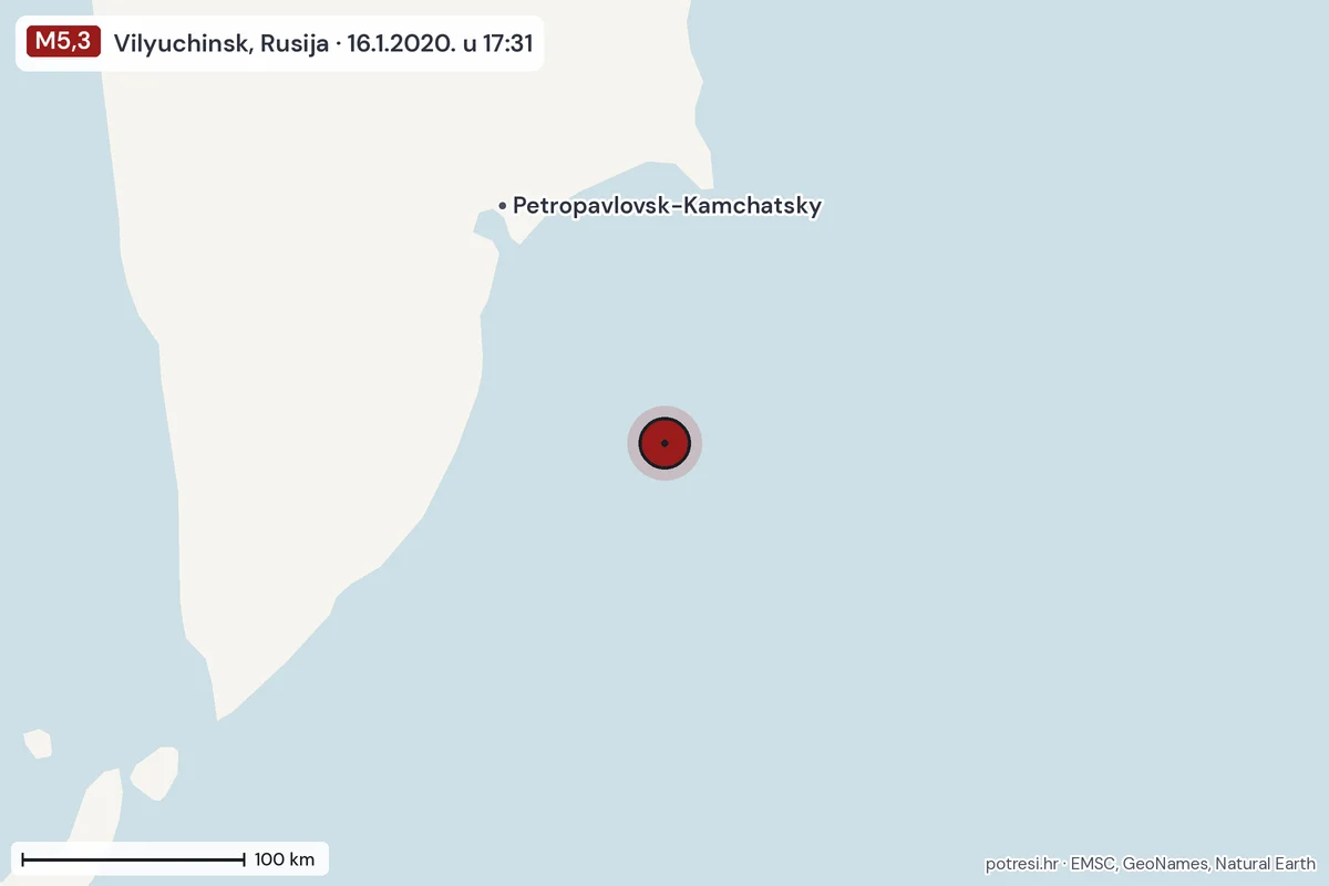 Karta: šire područje, 600 km, potres M5,3, Vilyuchinsk, Rusija, 16.1.2020.