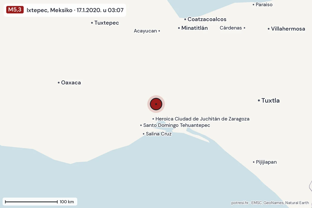 Karta: šire područje, 600 km, potres M5,3, Ixtepec, Meksiko, 17.1.2020.