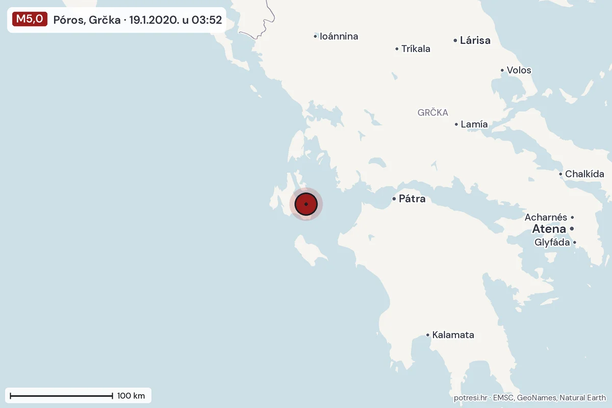 Karta: šire područje, 600 km, potres M5,0, Póros, Grčka, 19.1.2020.