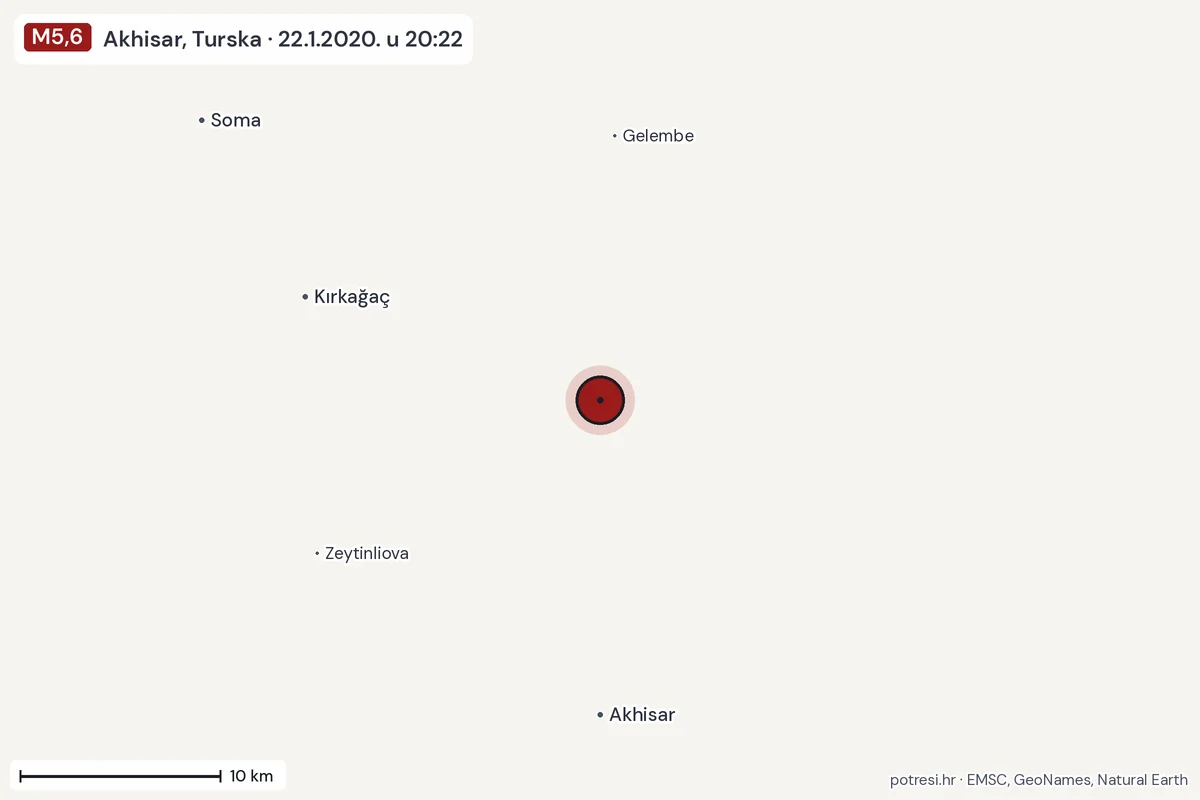 Karta: okolica epicentra, 60 km, potres M5,6, Akhisar, Turska, 22.1.2020.