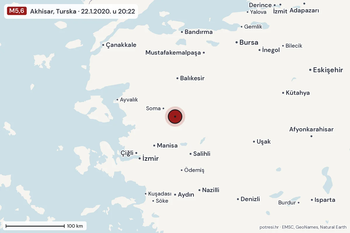 Karta: šire područje, 600 km, potres M5,6, Akhisar, Turska, 22.1.2020.