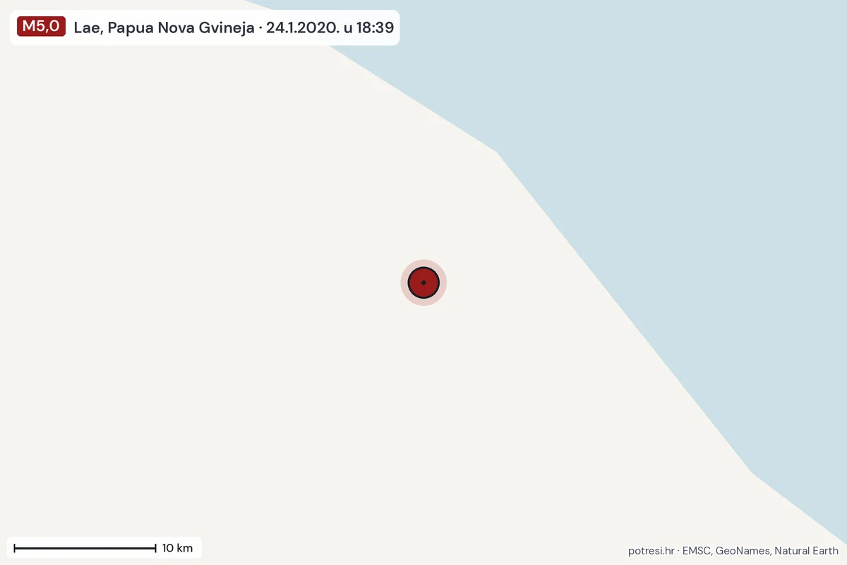 Karta: okolica epicentra, 60 km, potres M5,0, Lae, Papua Nova Gvineja, 24.1.2020.