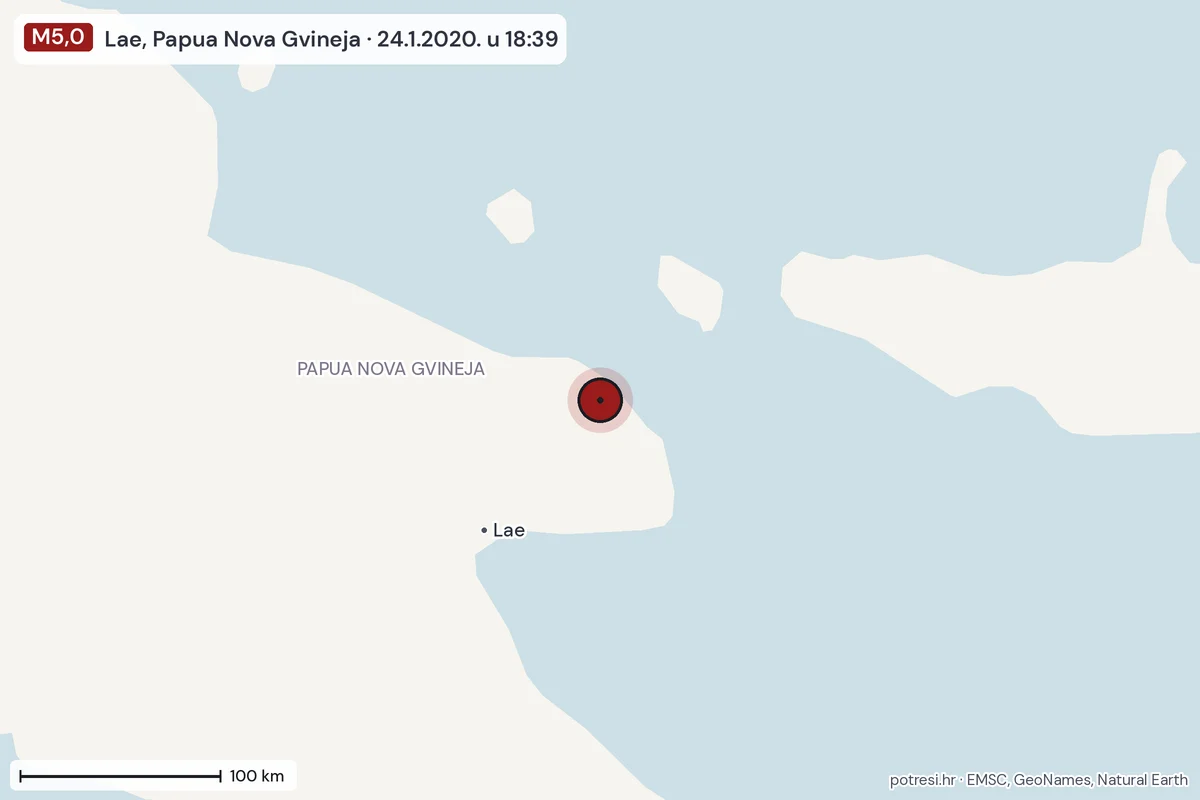 Karta: šire područje, 600 km, potres M5,0, Lae, Papua Nova Gvineja, 24.1.2020.