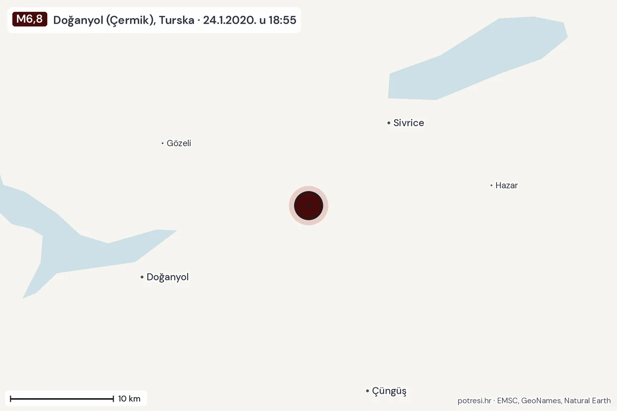 Karta: okolica epicentra, 60 km, potres M6,8, Doğanyol (Çermik), Turska, 24.1.2020.