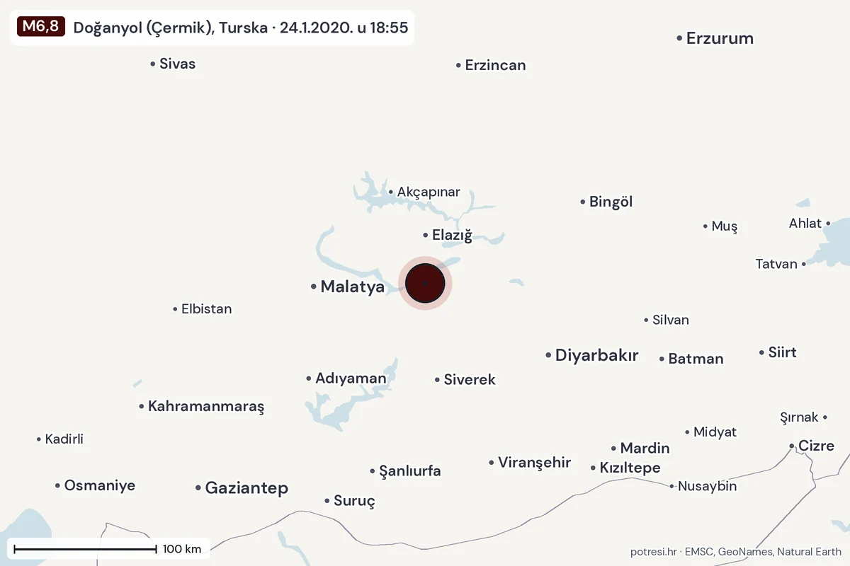 Karta: šire područje, 600 km, potres M6,8, Doğanyol (Çermik), Turska, 24.1.2020.