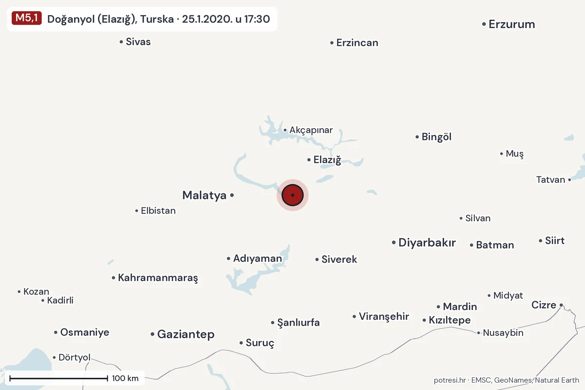 Karta: šire područje, 600 km, potres M5,1, Doğanyol (Elazığ), Turska, 25.1.2020.