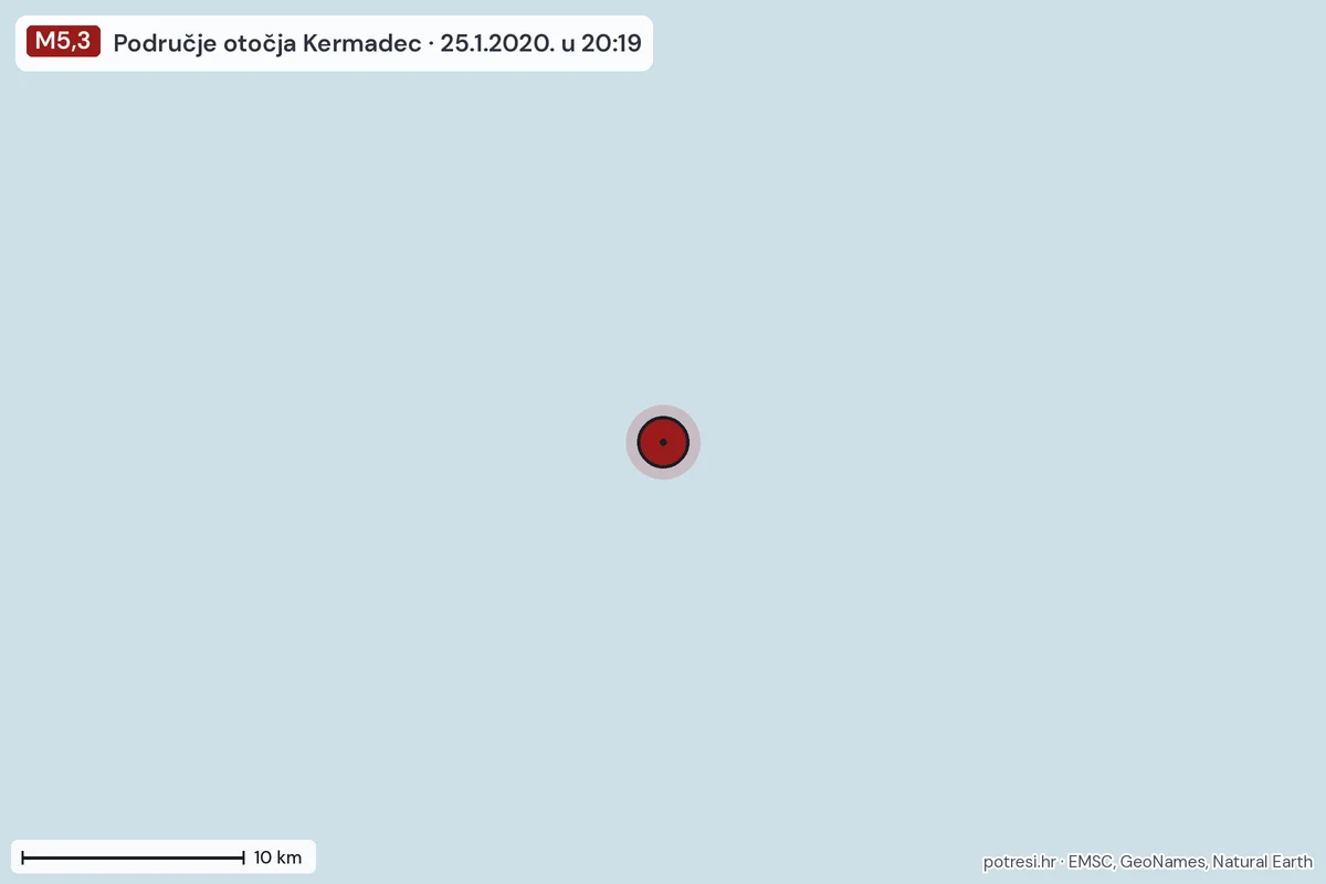 Karta: okolica epicentra, 60 km, potres M5,3, Područje otočja Kermadec, 25.1.2020.