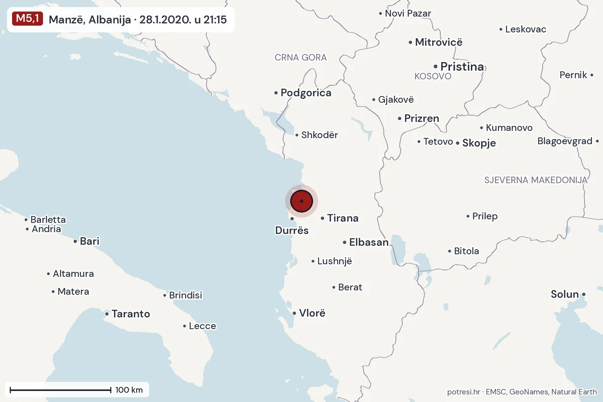 Karta: šire područje, 600 km, potres M5,1, Manzë, Albanija, 28.1.2020.