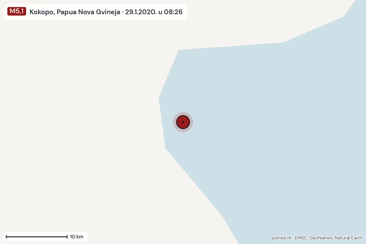 Karta: okolica epicentra, 60 km, potres M5,1, Kokopo, Papua Nova Gvineja, 29.1.2020.