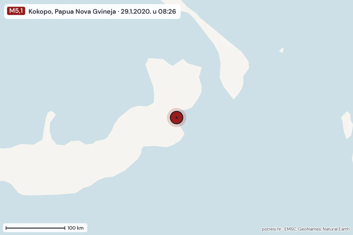 Karta: šire područje, 600 km, potres M5,1, Kokopo, Papua Nova Gvineja, 29.1.2020.