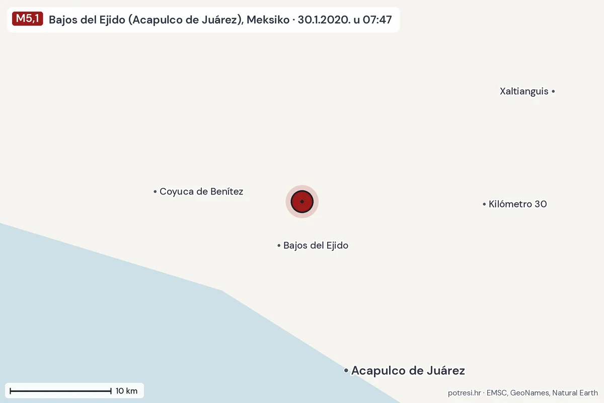 Karta: okolica epicentra, 60 km, potres M5,1, Bajos del Ejido (Acapulco de Juárez), Meksiko, 30.1.2020.