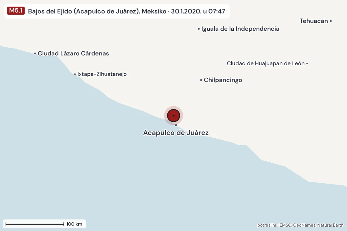 Karta: šire područje, 600 km, potres M5,1, Bajos del Ejido (Acapulco de Juárez), Meksiko, 30.1.2020.