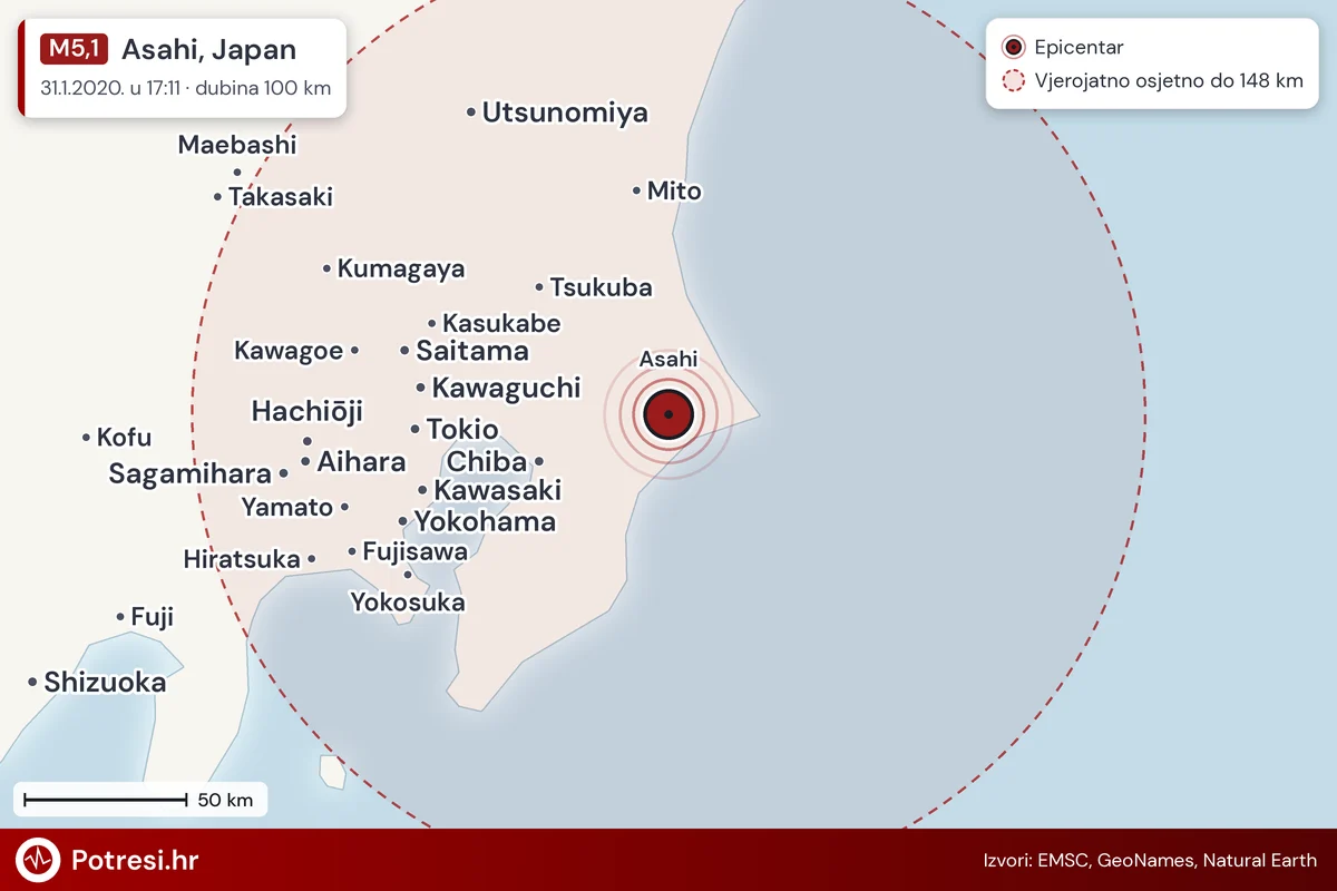 Karta: šire područje i vjerojatni doseg osjeta, potres M5,1, Asahi, Japan, 31.1.2020.