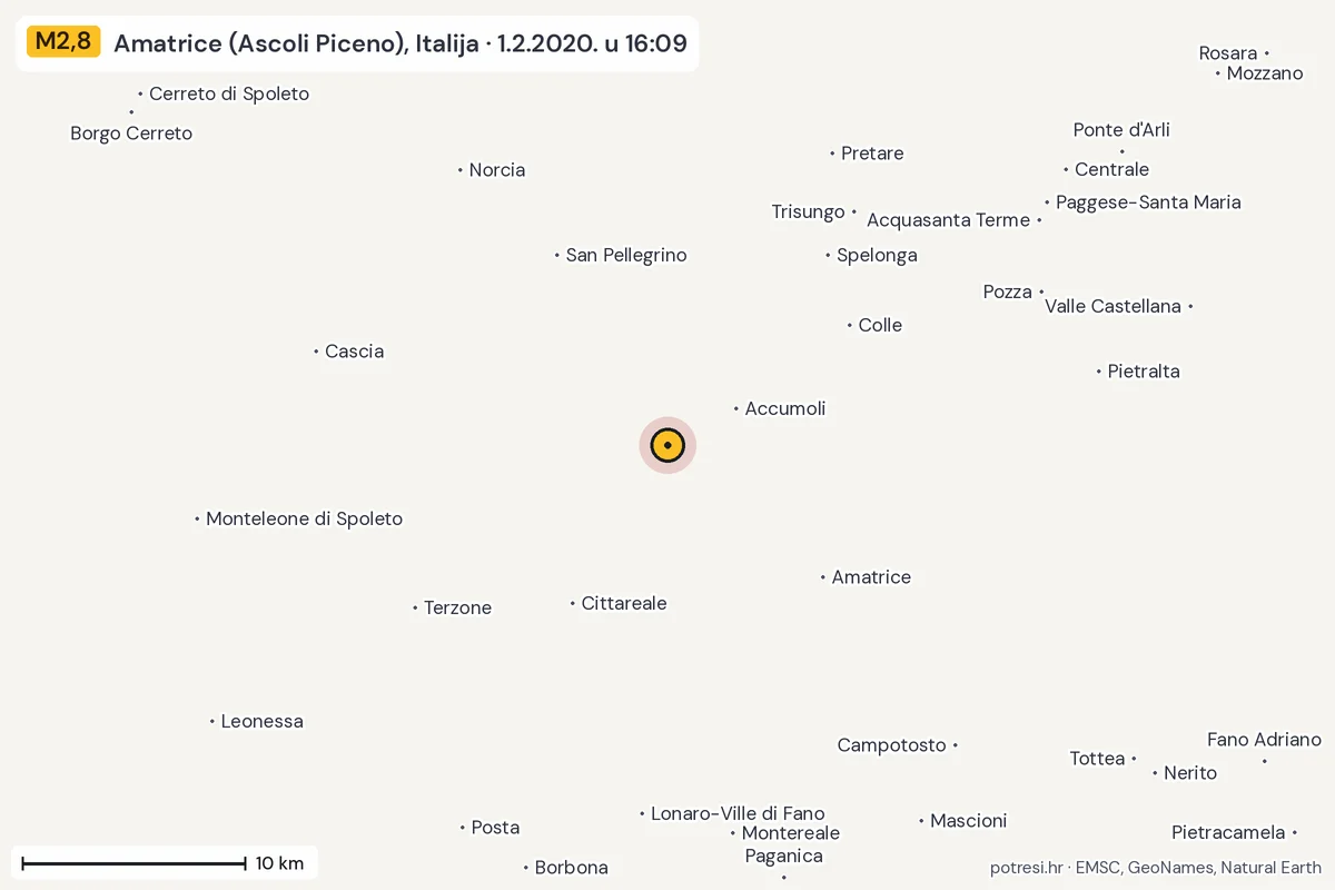 Karta: okolica epicentra, 60 km, potres M2,8, Amatrice (Ascoli Piceno), Italija, 1.2.2020.