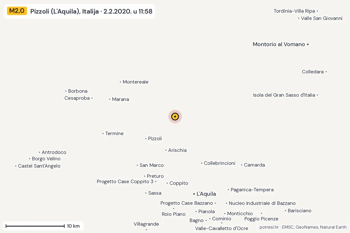Karta: okolica epicentra, 60 km, potres M2,0, Pizzoli (L'Aquila), Italija, 2.2.2020.