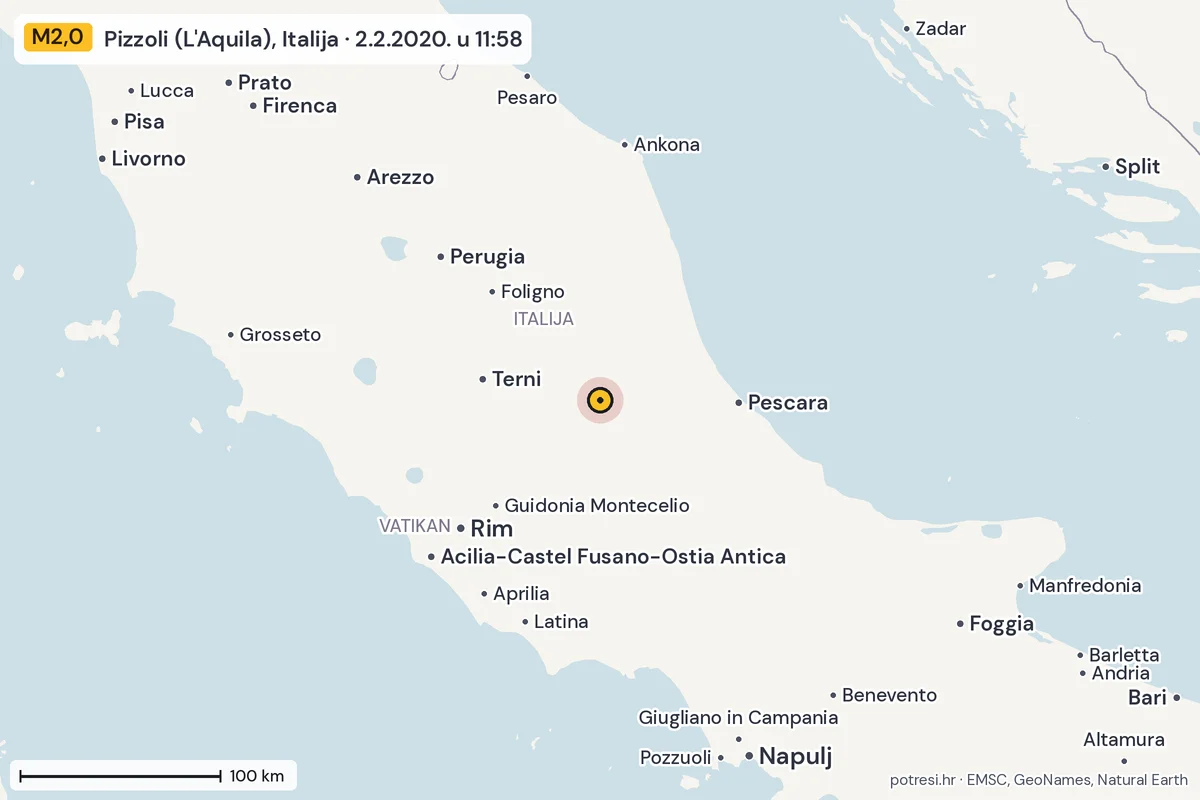 Karta: šire područje, 600 km, potres M2,0, Pizzoli (L'Aquila), Italija, 2.2.2020.