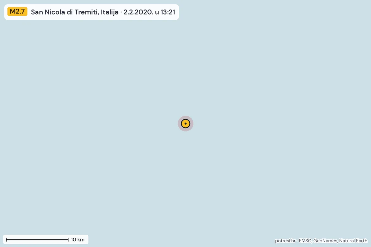 Karta: okolica epicentra, 60 km, potres M2,7, San Nicola di Tremiti, Italija, 2.2.2020.