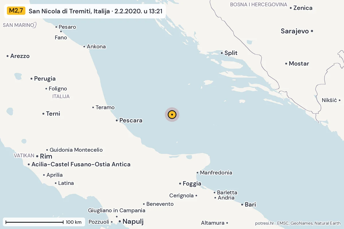 Karta: šire područje, 600 km, potres M2,7, San Nicola di Tremiti, Italija, 2.2.2020.