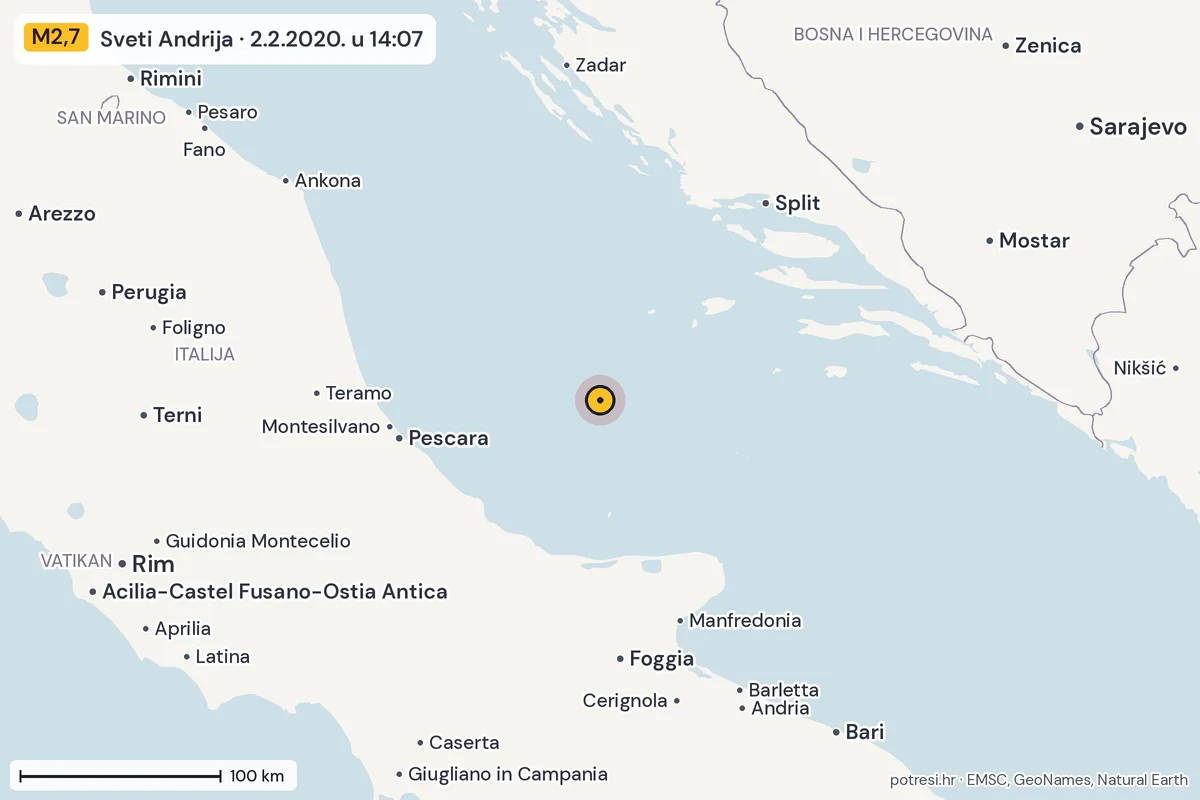 Karta: šire područje, 600 km, potres M2,7, Sveti Andrija, 2.2.2020.