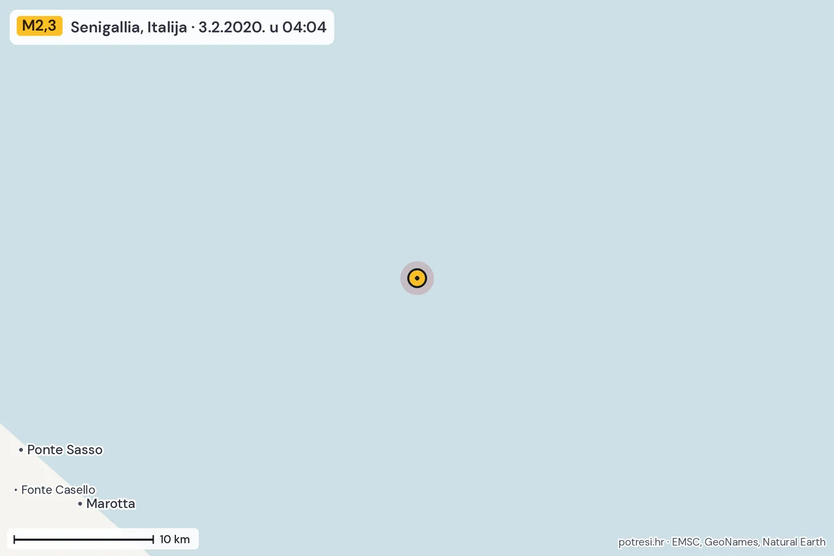 Karta: okolica epicentra, 60 km, potres M2,3, Senigallia, Italija, 3.2.2020.