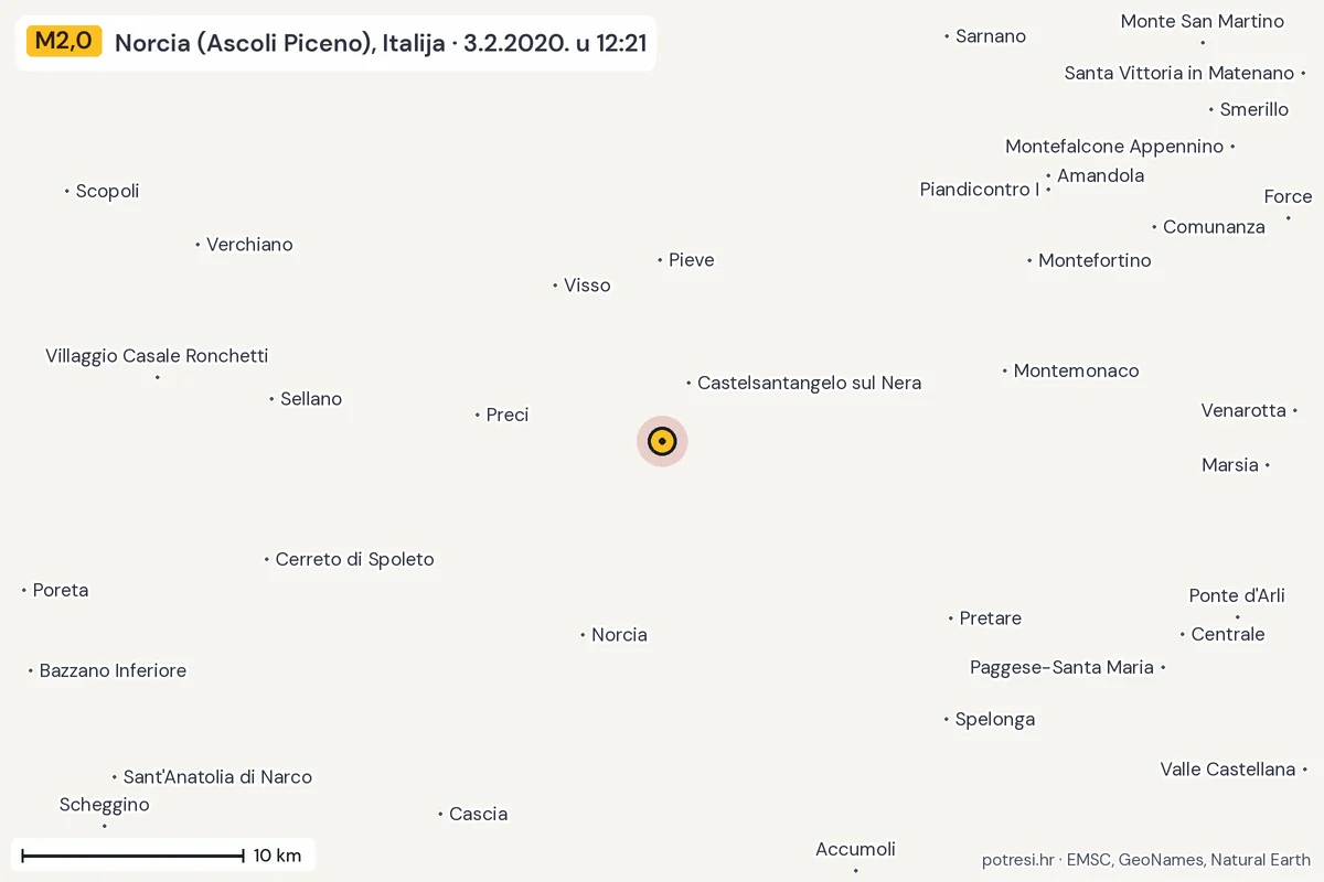 Karta: okolica epicentra, 60 km, potres M2,0, Norcia (Ascoli Piceno), Italija, 3.2.2020.
