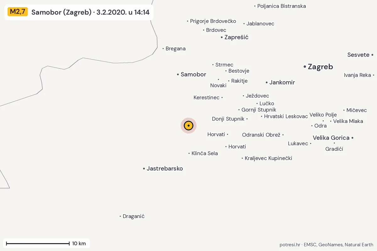 Karta: okolica epicentra, 60 km, potres M2,7, Samobor (Zagreb), 3.2.2020.