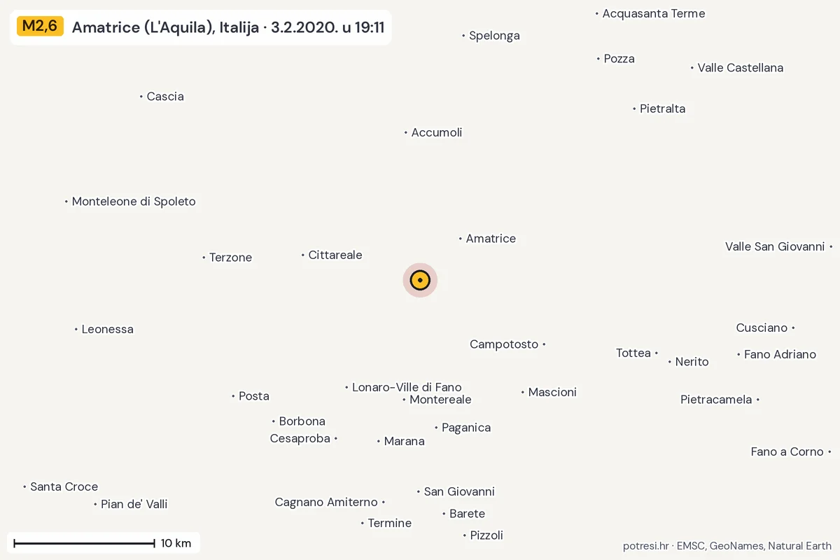 Karta: okolica epicentra, 60 km, potres M2,6, Amatrice (L'Aquila), Italija, 3.2.2020.