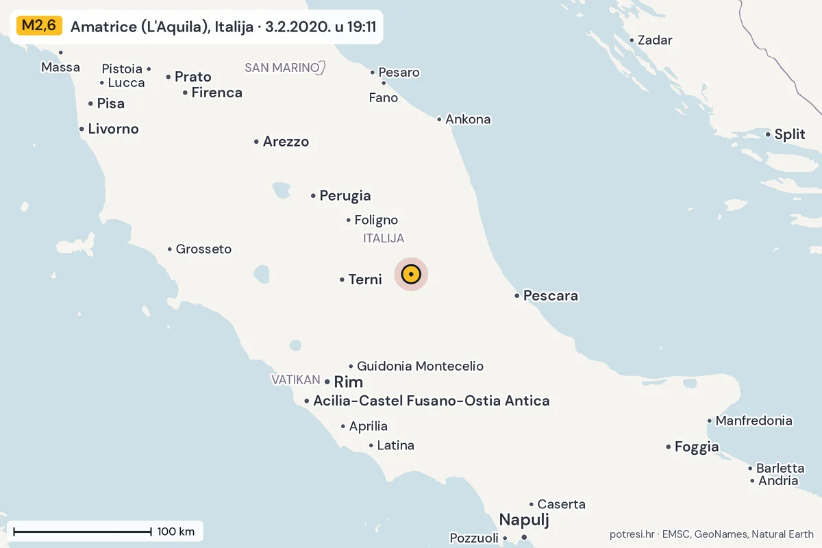 Karta: šire područje, 600 km, potres M2,6, Amatrice (L'Aquila), Italija, 3.2.2020.
