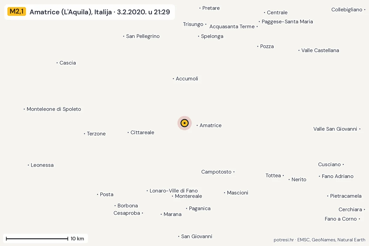 Karta: okolica epicentra, 60 km, potres M2,1, Amatrice (L'Aquila), Italija, 3.2.2020.