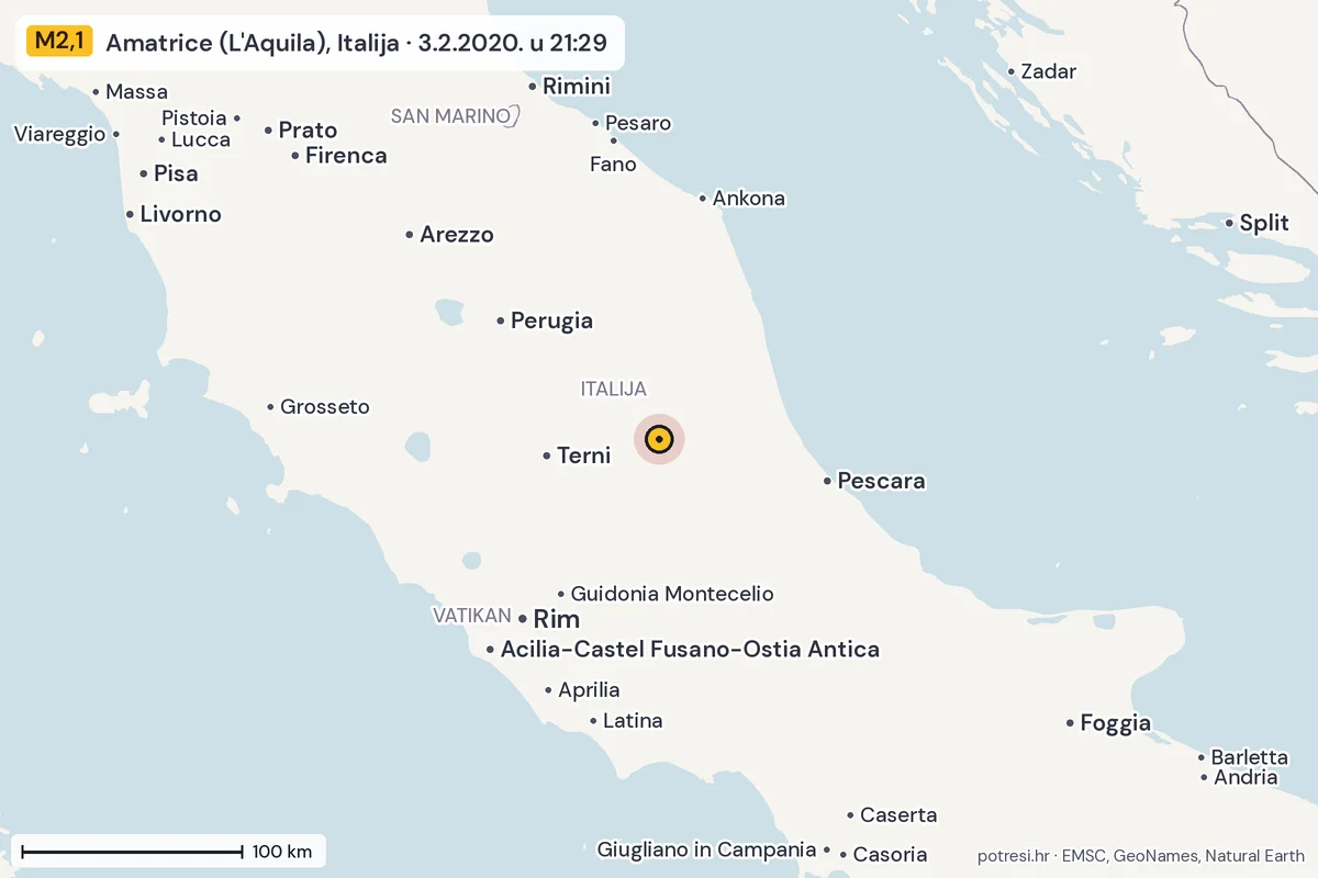 Karta: šire područje, 600 km, potres M2,1, Amatrice (L'Aquila), Italija, 3.2.2020.