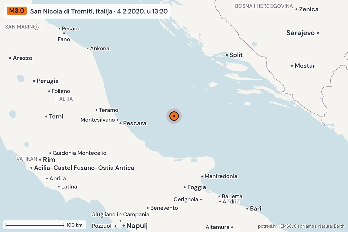 Karta: šire područje, 600 km, potres M3,0, San Nicola di Tremiti, Italija, 4.2.2020.
