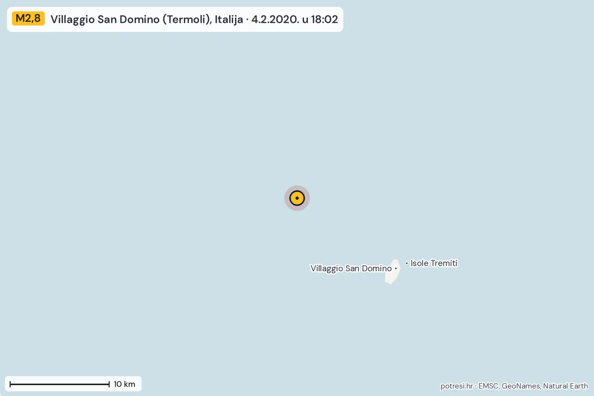 Karta: okolica epicentra, 60 km, potres M2,8, Villaggio San Domino (Termoli), Italija, 4.2.2020.