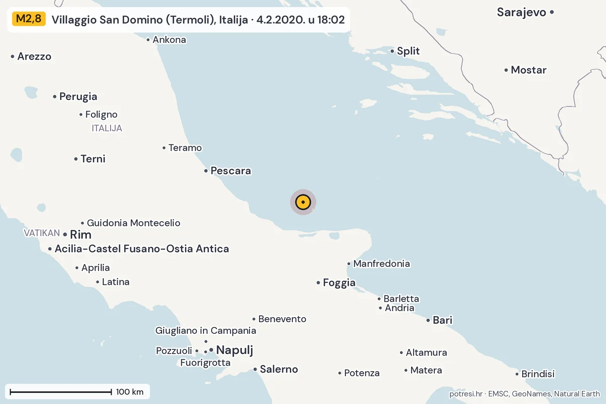 Karta: šire područje, 600 km, potres M2,8, Villaggio San Domino (Termoli), Italija, 4.2.2020.