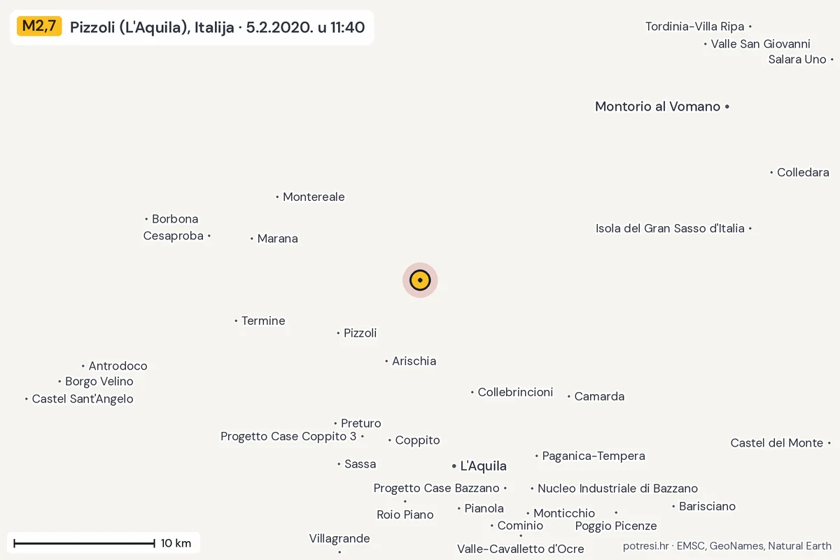 Karta: okolica epicentra, 60 km, potres M2,7, Pizzoli (L'Aquila), Italija, 5.2.2020.