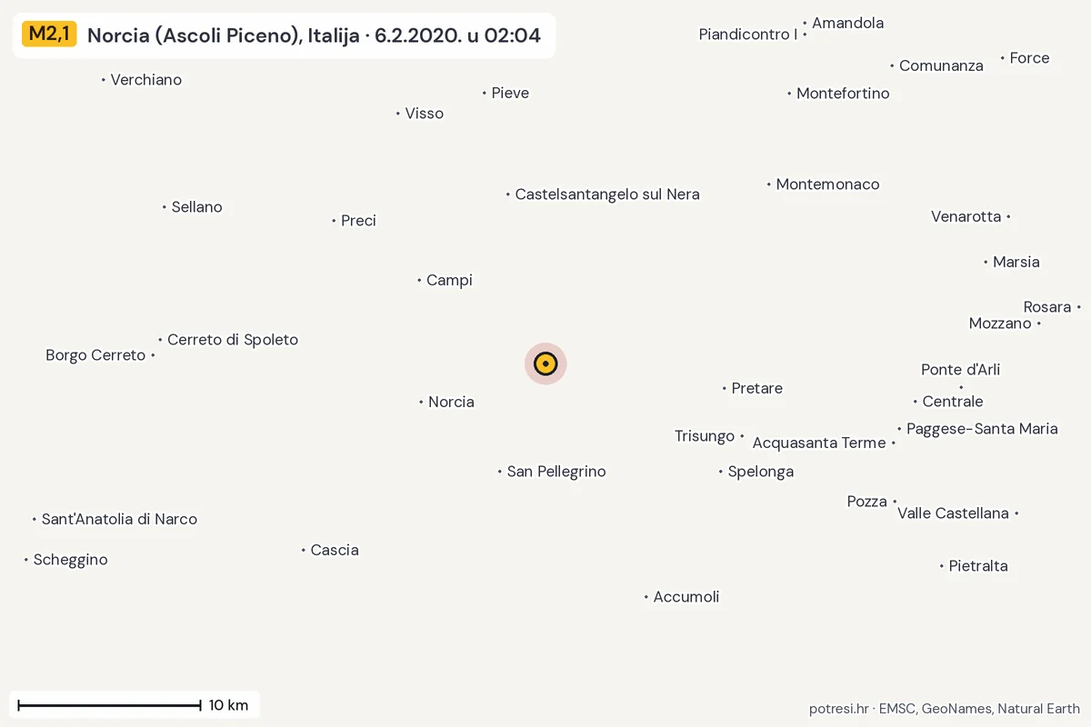 Karta: okolica epicentra, 60 km, potres M2,1, Norcia (Ascoli Piceno), Italija, 6.2.2020.