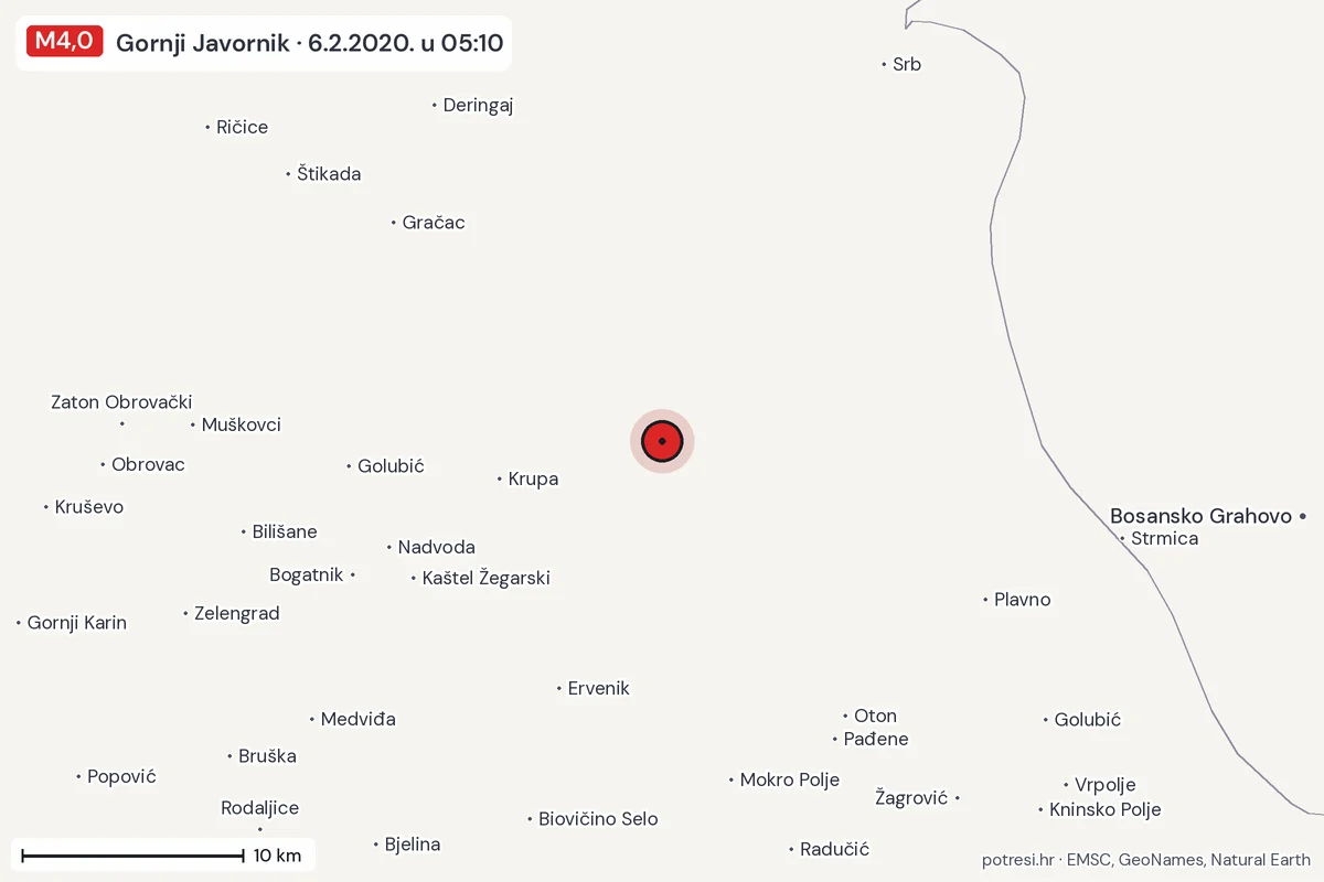 Karta: okolica epicentra, 60 km, potres M4,0, Gornji Javornik, 6.2.2020.
