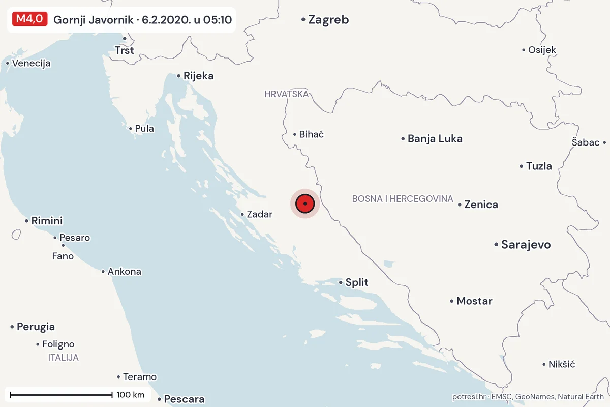 Karta: šire područje, 600 km, potres M4,0, Gornji Javornik, 6.2.2020.