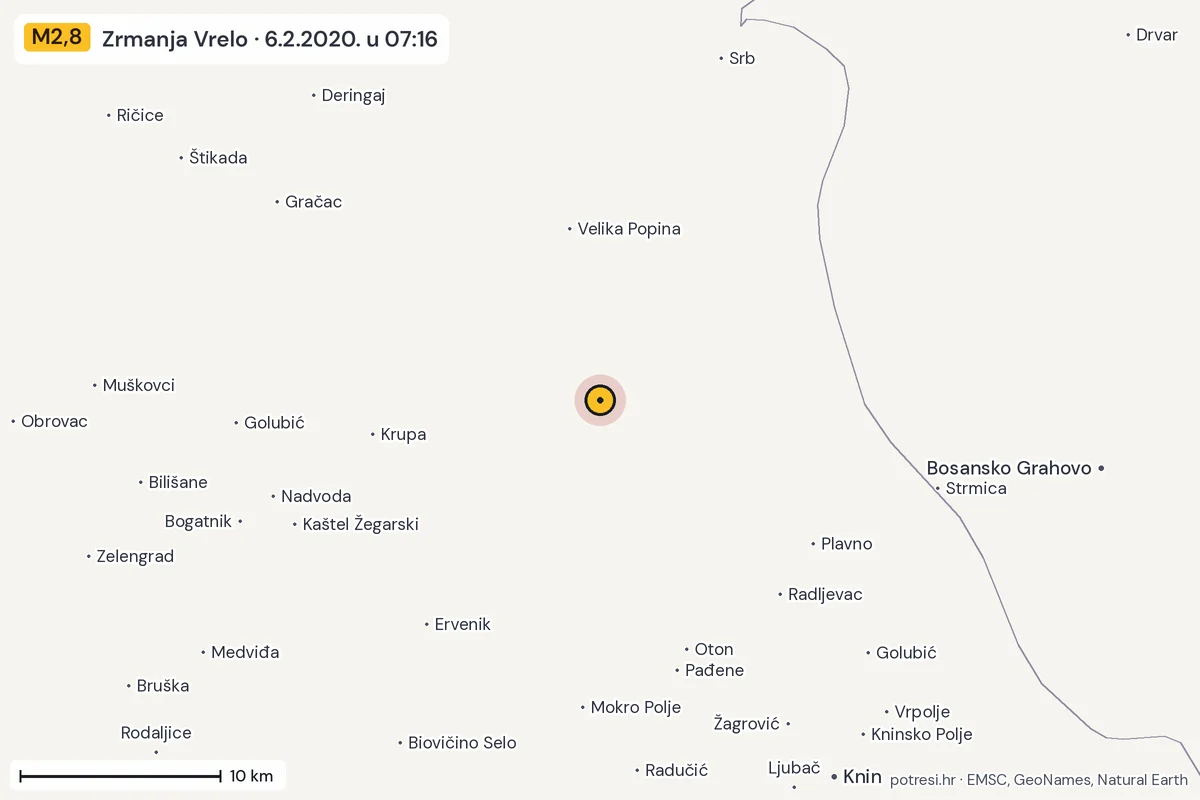 Karta: okolica epicentra, 60 km, potres M2,8, Zrmanja Vrelo, 6.2.2020.