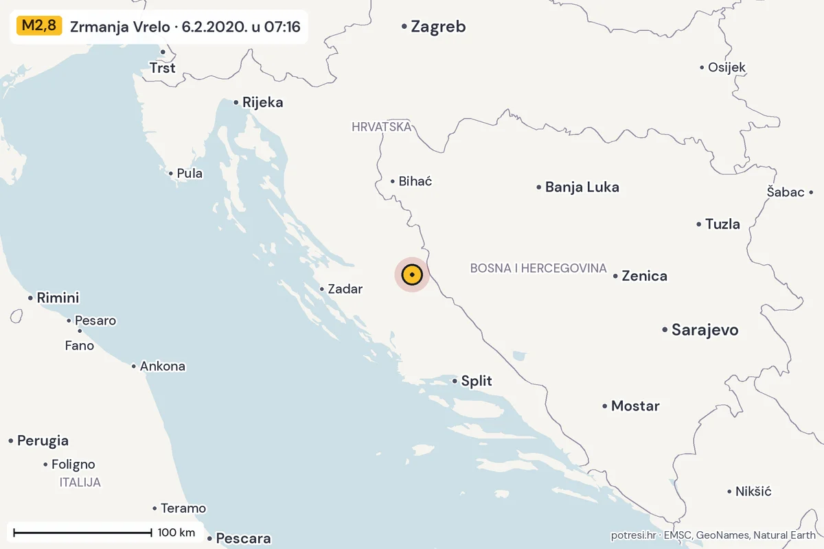 Karta: šire područje, 600 km, potres M2,8, Zrmanja Vrelo, 6.2.2020.