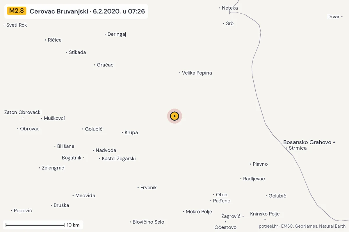 Karta: okolica epicentra, 60 km, potres M2,8, Cerovac Bruvanjski, 6.2.2020.