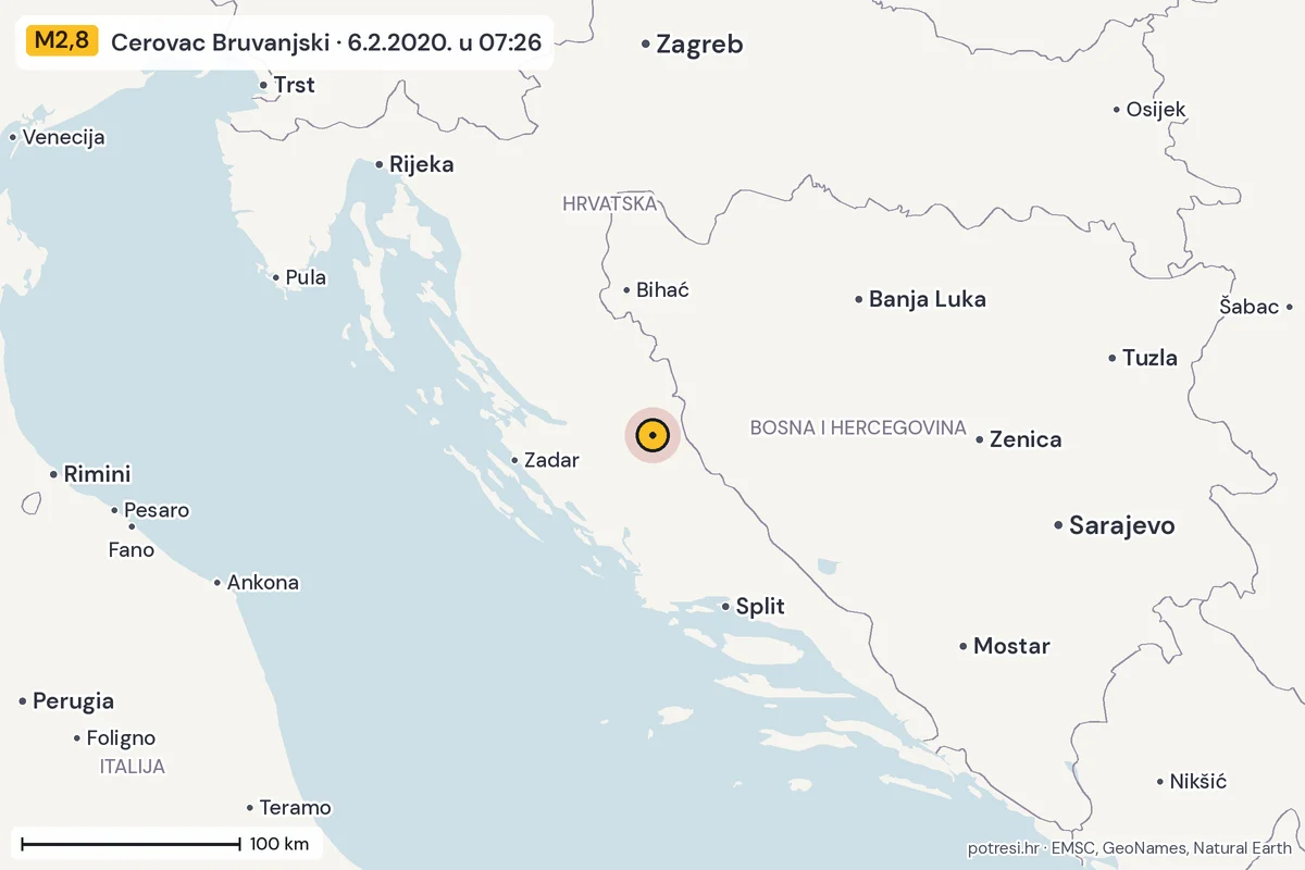 Karta: šire područje, 600 km, potres M2,8, Cerovac Bruvanjski, 6.2.2020.