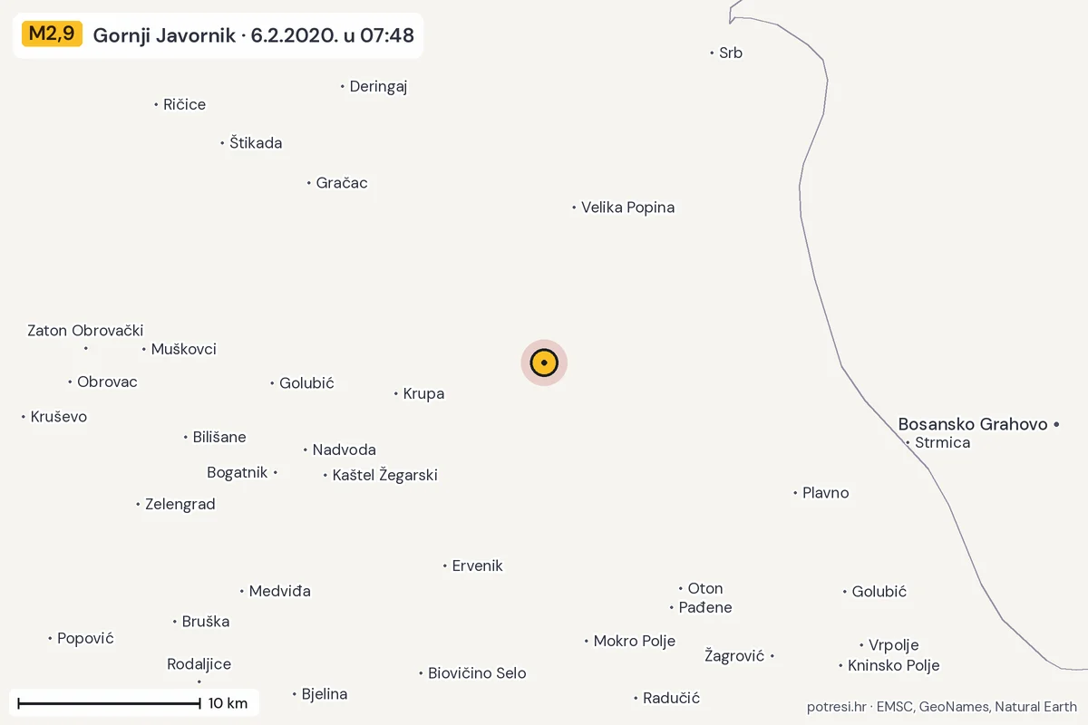 Karta: okolica epicentra, 60 km, potres M2,9, Gornji Javornik, 6.2.2020.