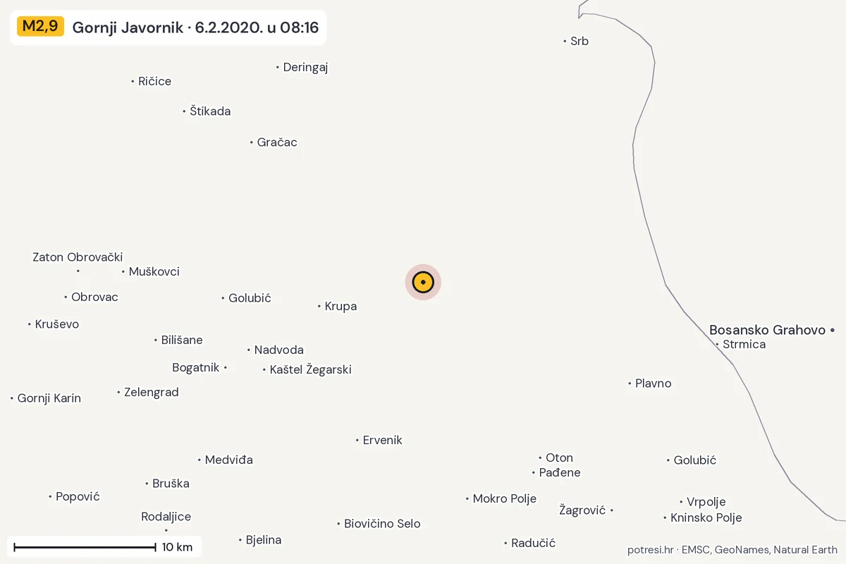 Karta: okolica epicentra, 60 km, potres M2,9, Gornji Javornik, 6.2.2020.