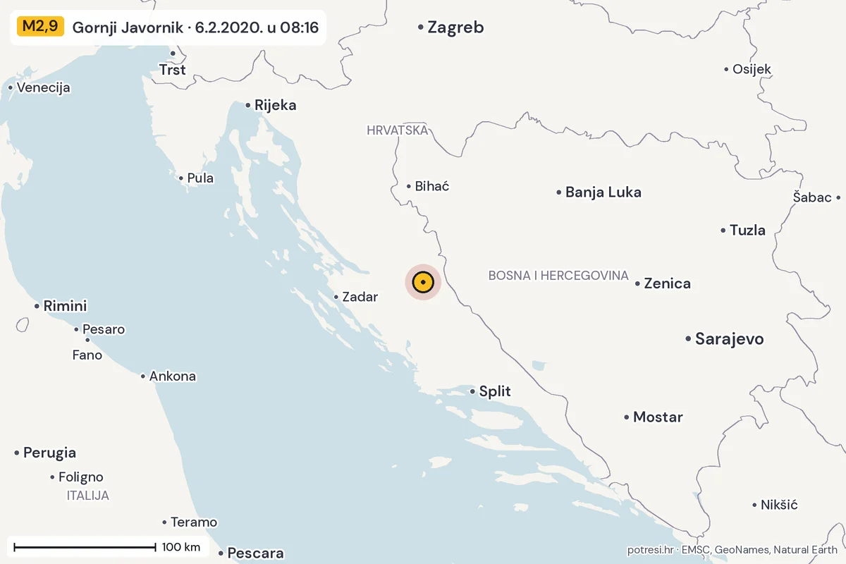 Karta: šire područje, 600 km, potres M2,9, Gornji Javornik, 6.2.2020.