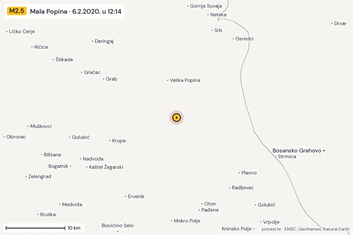 Karta: okolica epicentra, 60 km, potres M2,5, Mala Popina, 6.2.2020.