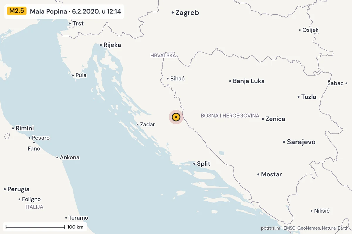 Karta: šire područje, 600 km, potres M2,5, Mala Popina, 6.2.2020.