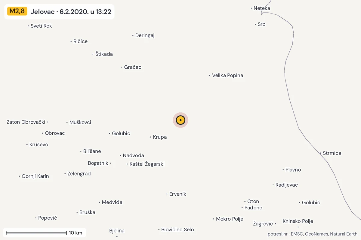 Karta: okolica epicentra, 60 km, potres M2,8, Jelovac, 6.2.2020.